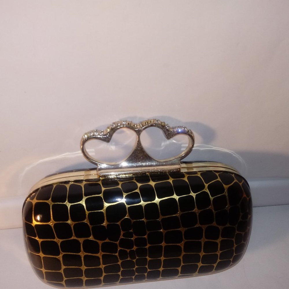 BLACK & GOLD PURSE WITH DIAMONDS HEARTS WITH GOLD HARDWARE